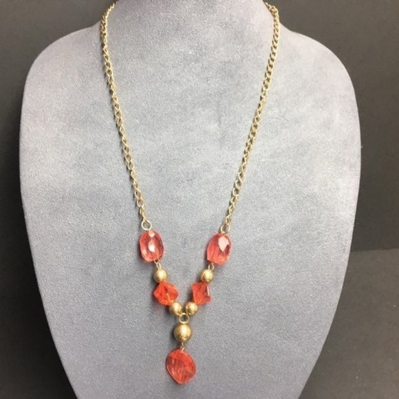 Red Y-Drop Necklace Long Gold Pink Transluscent Chunky - Picture 1 of 7